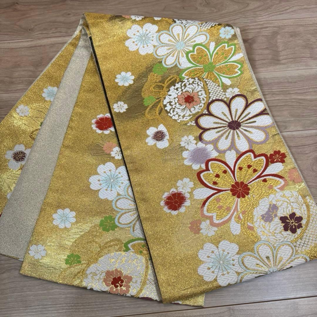 超美品　正絹　現代　袋帯　着物　六通　振袖　成人式　454 白　金　赤　花柄