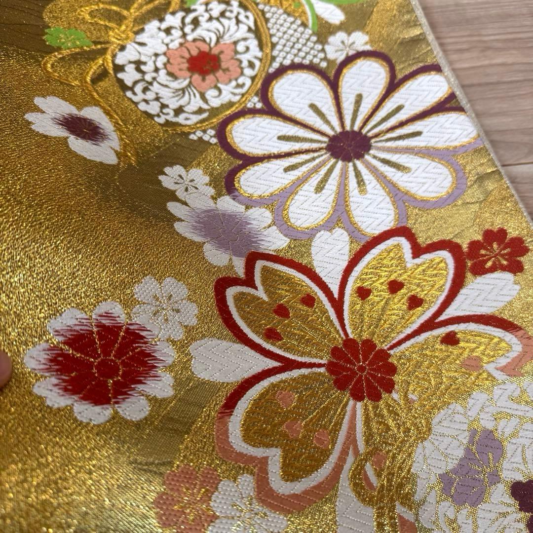 超美品　正絹　現代　袋帯　着物　六通　振袖　成人式　454 白　金　赤　花柄