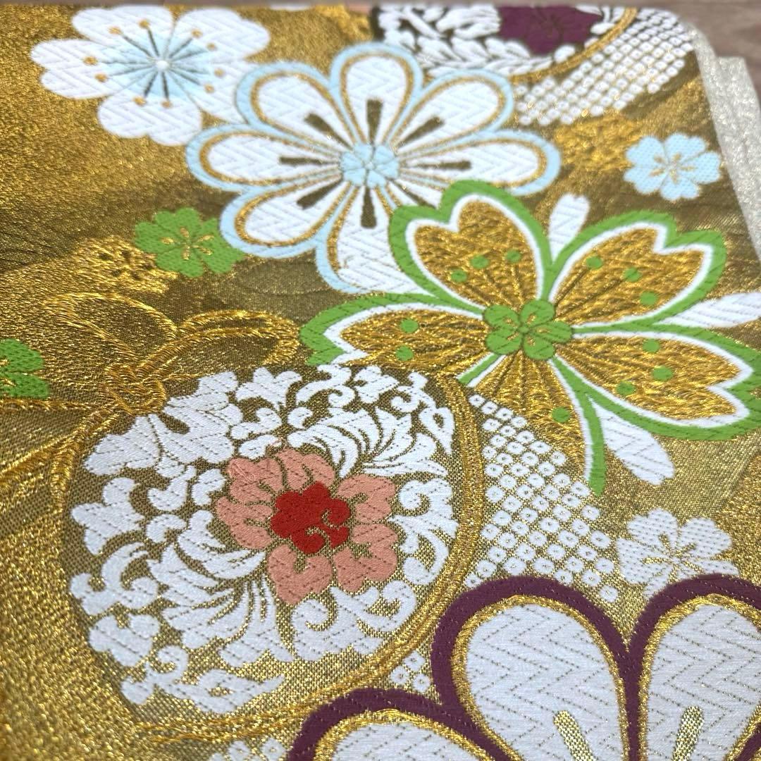 超美品　正絹　現代　袋帯　着物　六通　振袖　成人式　454 白　金　赤　花柄