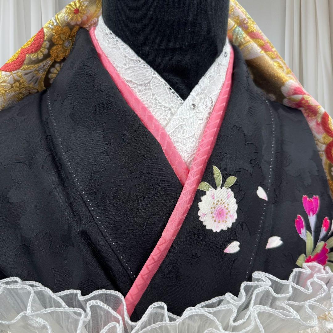 逸品 振袖7点フルセット 金駒刺繍 成人式 謝恩会　卒業式　黒地　ピンク