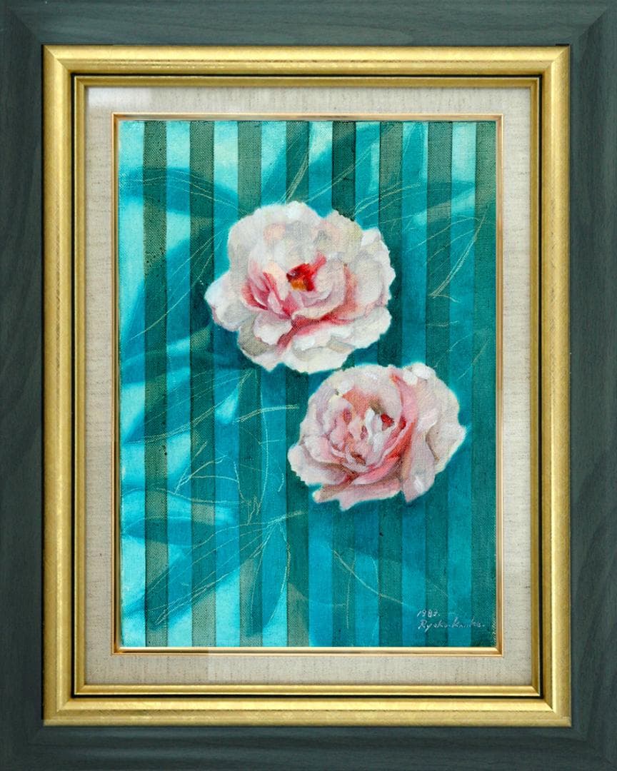 油絵 菅家令子 絵画インテリア額付( 青緑＋金色の枠 )F4-222023ぼたん