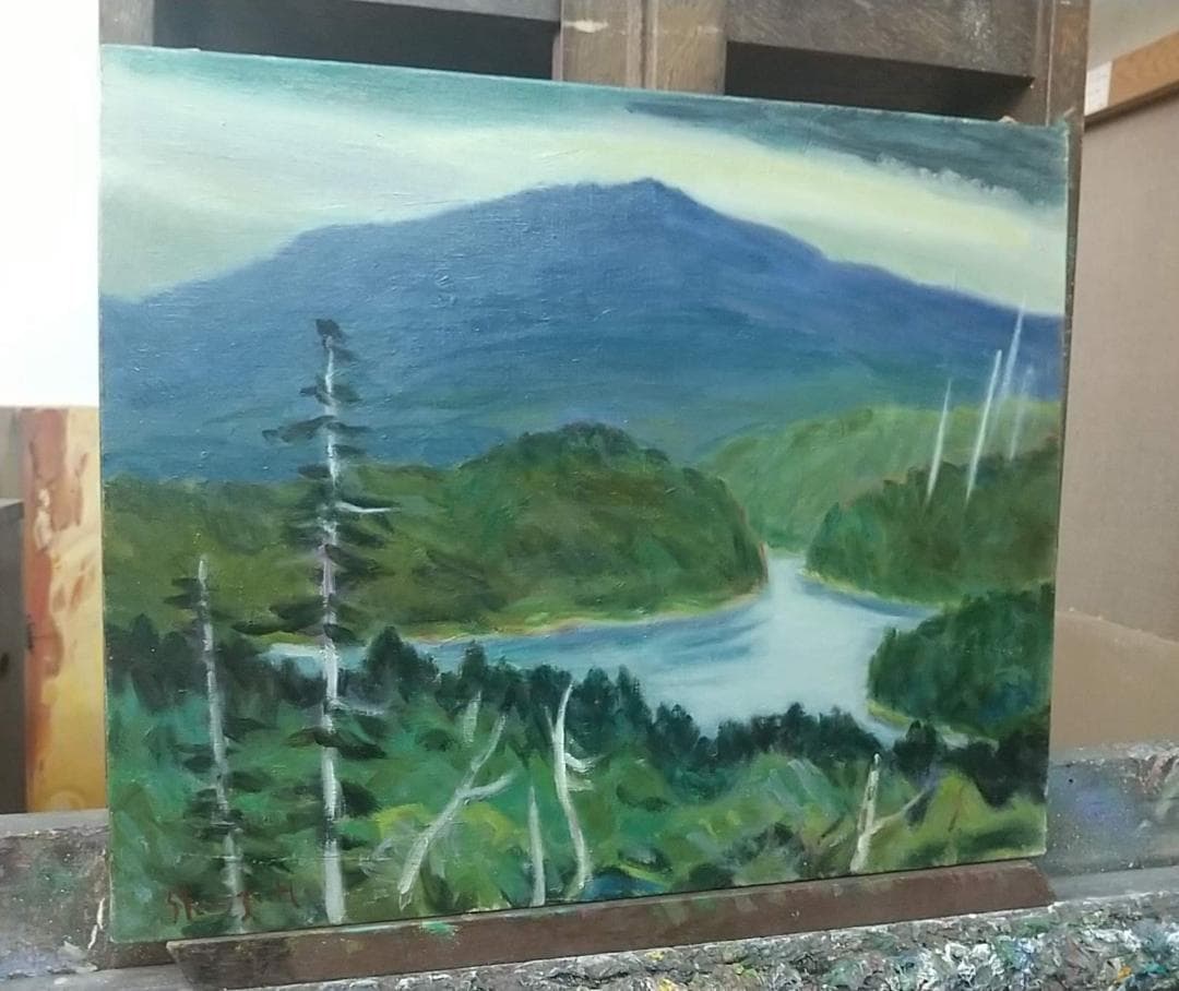 「雨の山湖」絵画 油絵 F8