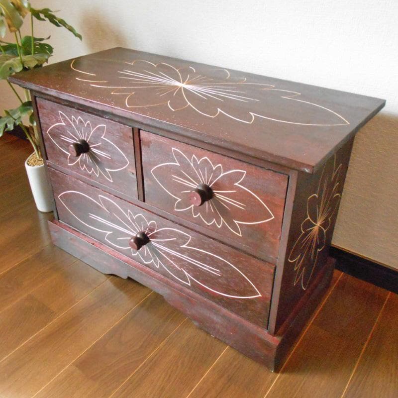 980円 値下げ品‼︎ 花柄模様 チェスト アジアン家具 バリ家具 完成品家具
