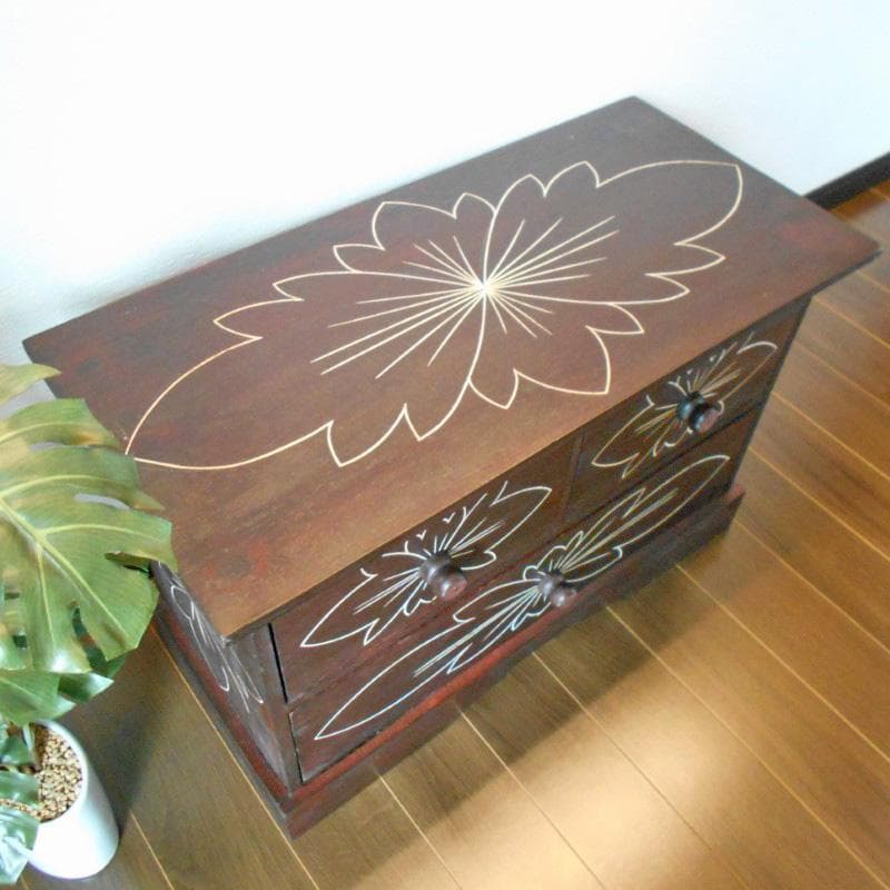 980円 値下げ品‼︎ 花柄模様 チェスト アジアン家具 バリ家具 完成品家具