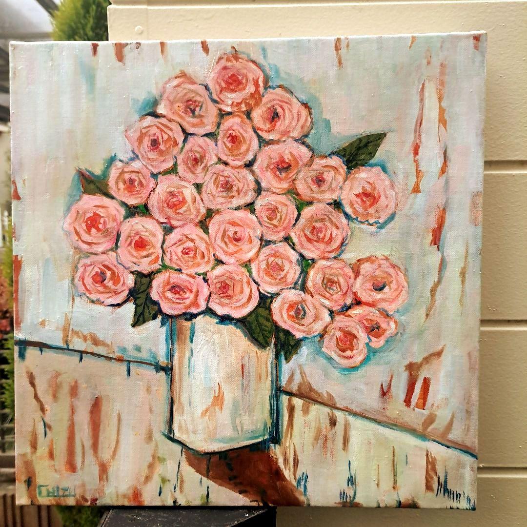 キャンバス油絵　専用　デリケートローズからアイボリーの空間 　大きいキャンパス