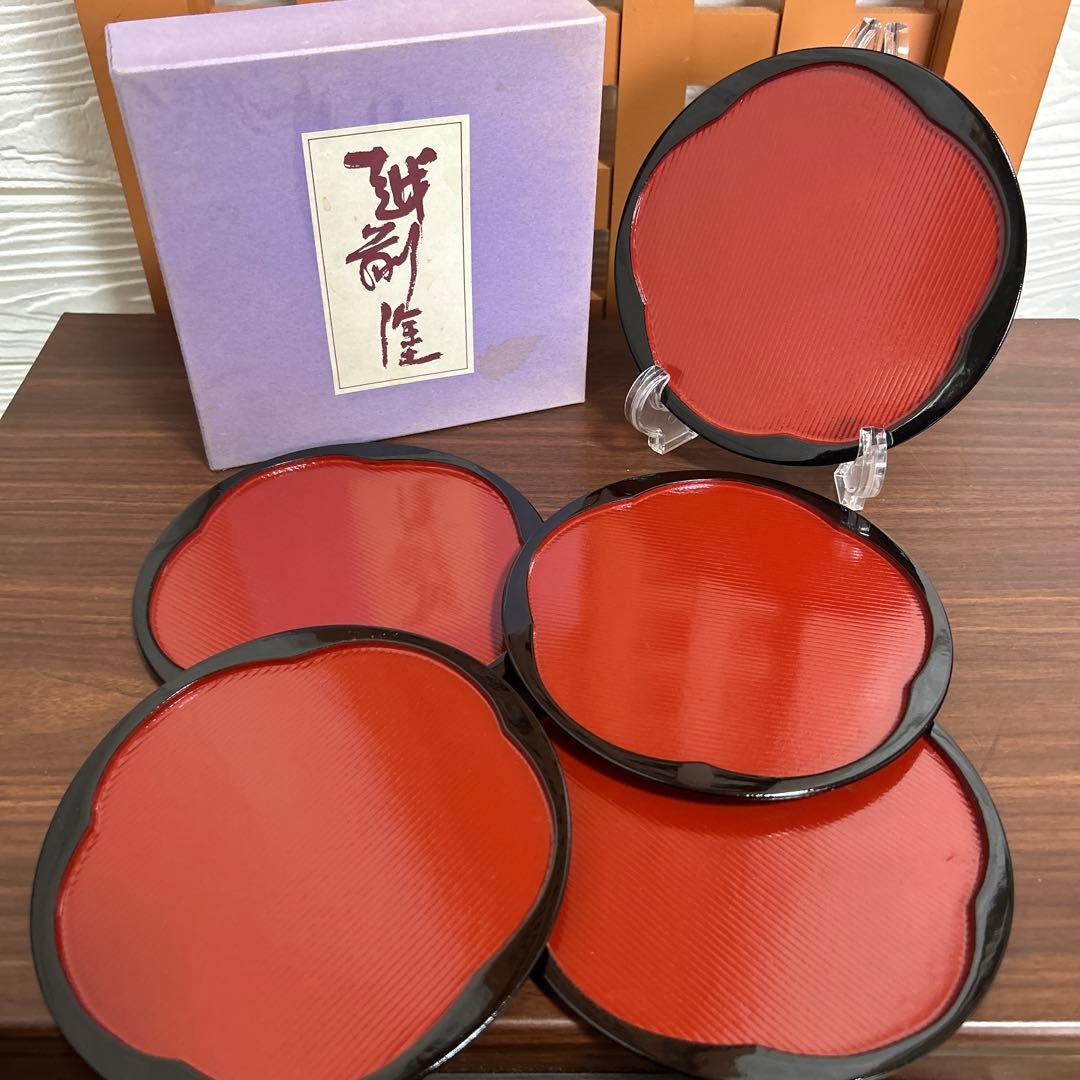 毧前漆器 丸梅鉢 梅型銘々皿 5枚セット 箱付き