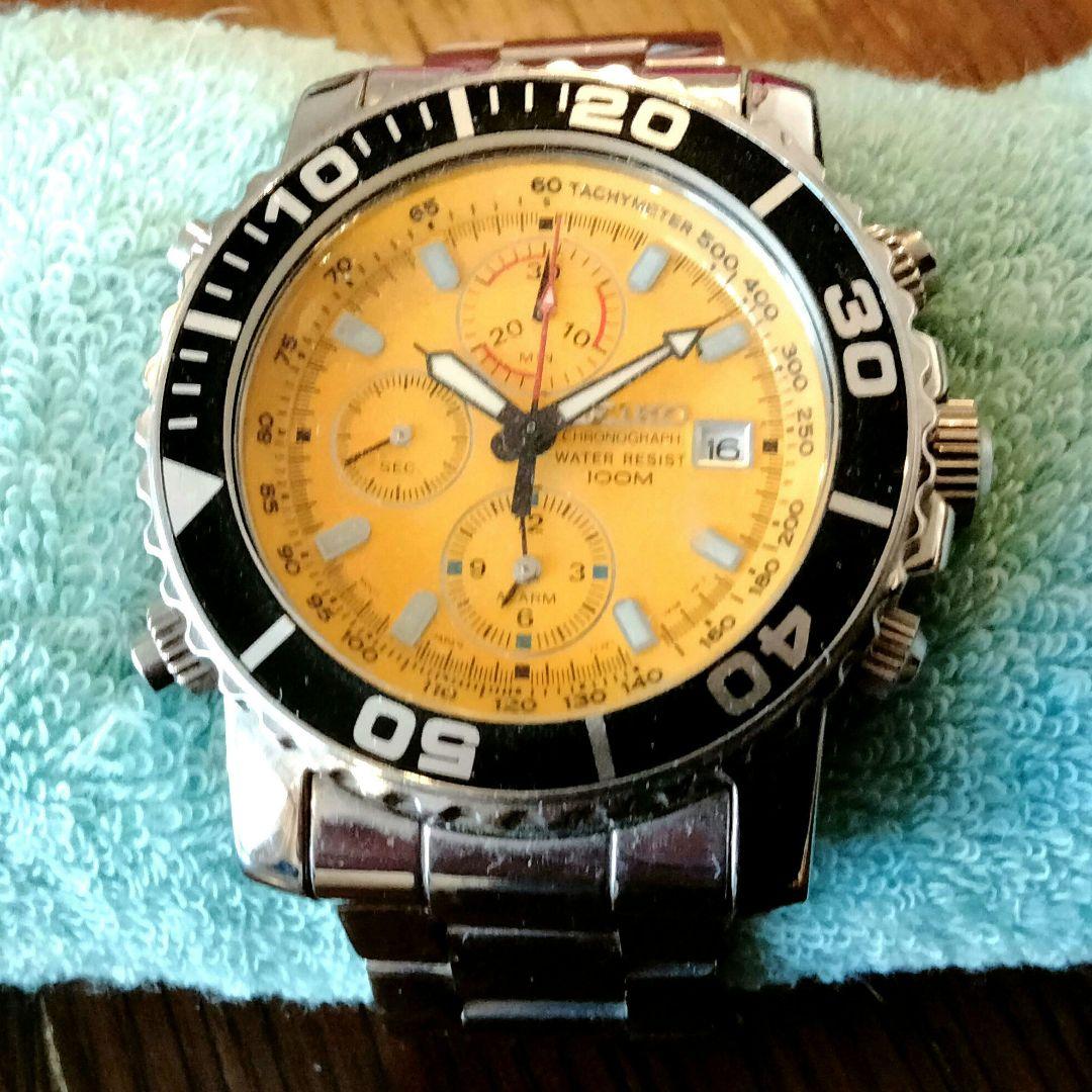 【不動品】海外モデル　SEIKOクロノグラフ腕時計 イエロー文字盤