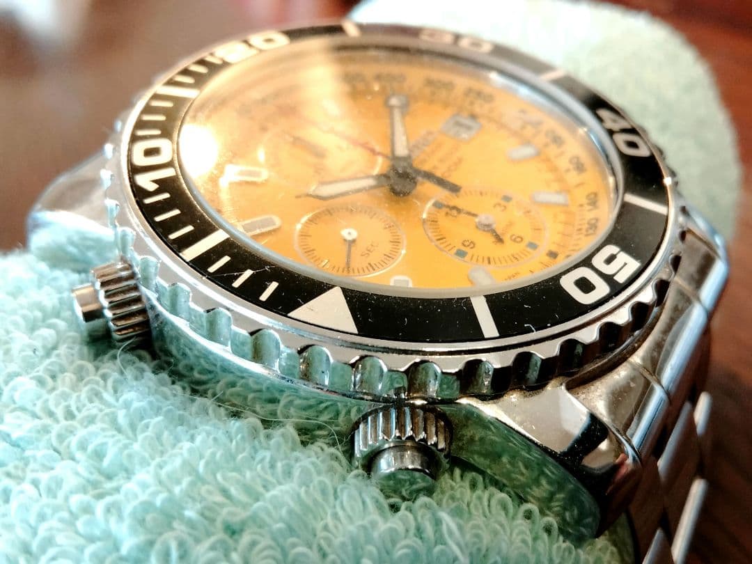 【不動品】海外モデル　SEIKOクロノグラフ腕時計 イエロー文字盤