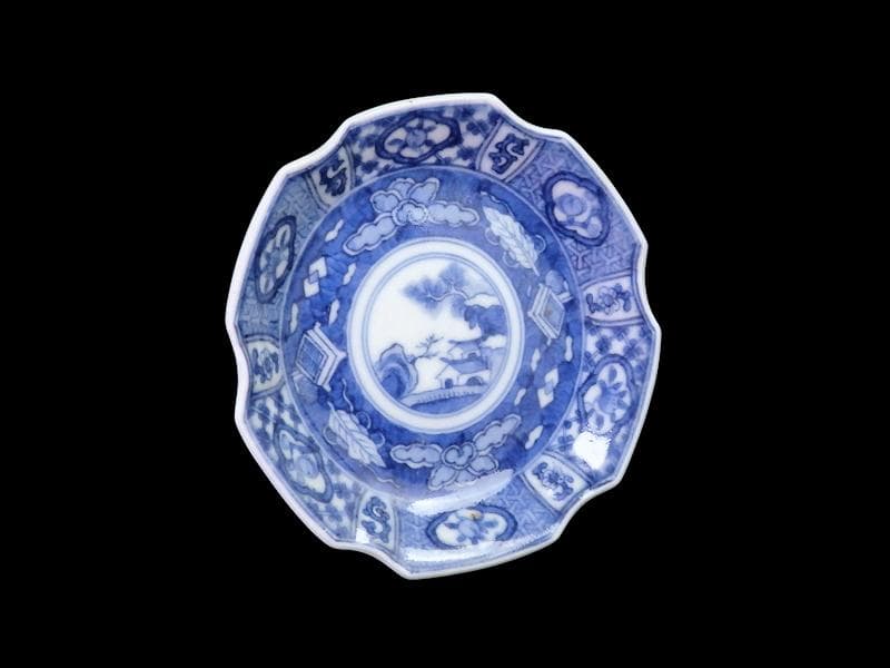 古伊万里　染付　吉祥紋に山村の図　六角豆皿　AS-DBe