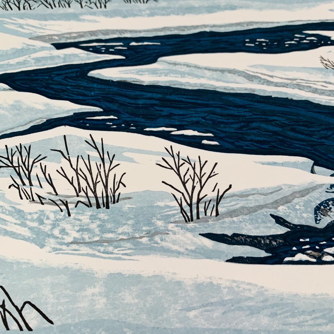 真作保証 中野章 『冬の川』 木版画 額装 直筆 サイン入 A.P. 限定 絵画