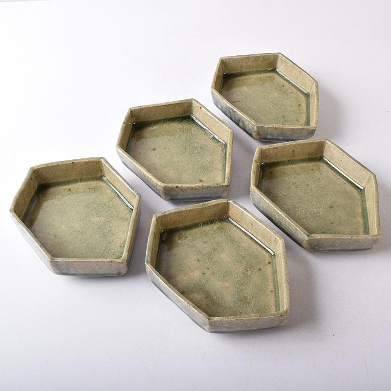 瀬戸焼　鼎窯　加藤春鼎　加藤孝作　灰釉　六角向付　五客　共布共箱　V　R8245