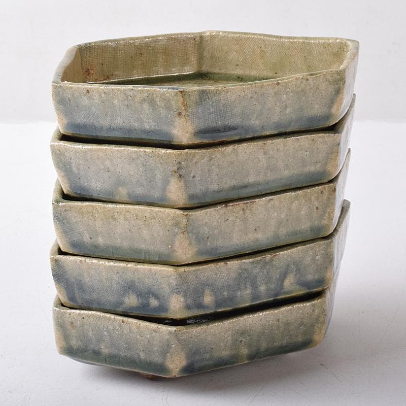 瀬戸焼　鼎窯　加藤春鼎　加藤孝作　灰釉　六角向付　五客　共布共箱　V　R8245