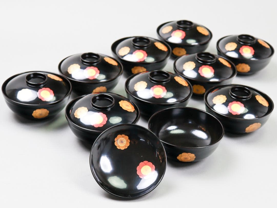 輪島屋 黒呂色塗 蓋付椀 10客 共箱 輪島塗