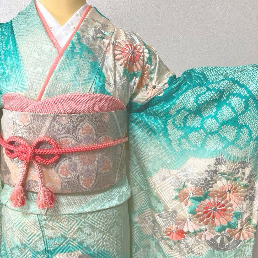 428 振袖フルセット 正絹 青緑 ピーコックグリーン 銀彩 駒刺繍 刺繍 絞り