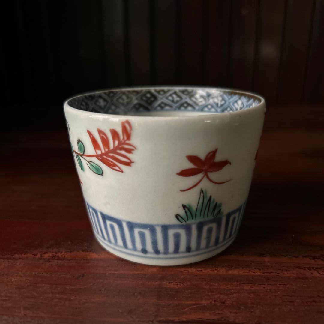 古伊万里色絵　萩扇図　江戸後期　猪口