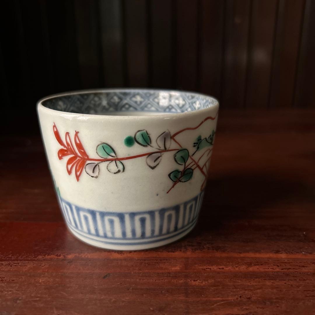古伊万里色絵　萩扇図　江戸後期　猪口