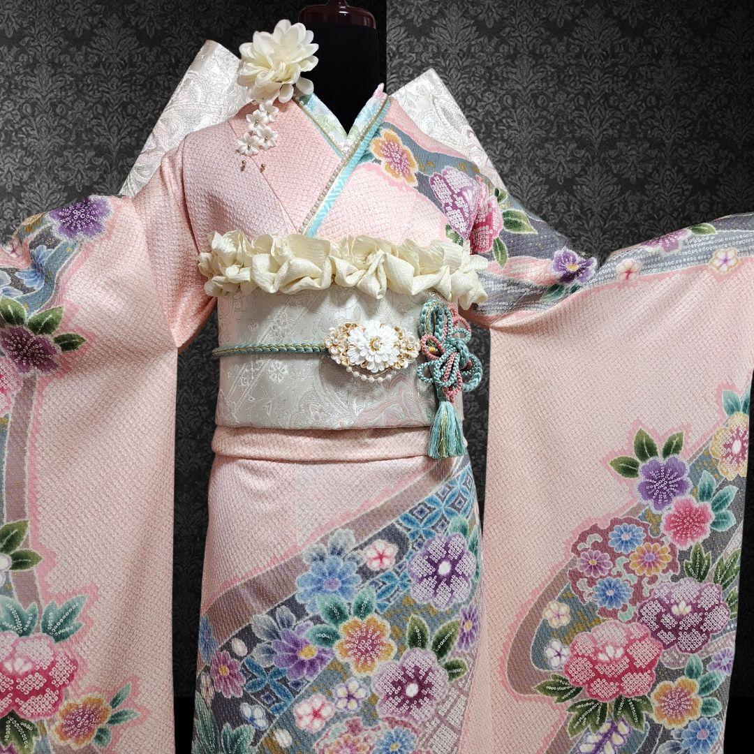 振袖フルセット(8点)・成人式・総絞り・エンボス加工・胴裏正絹・正絹・逸品