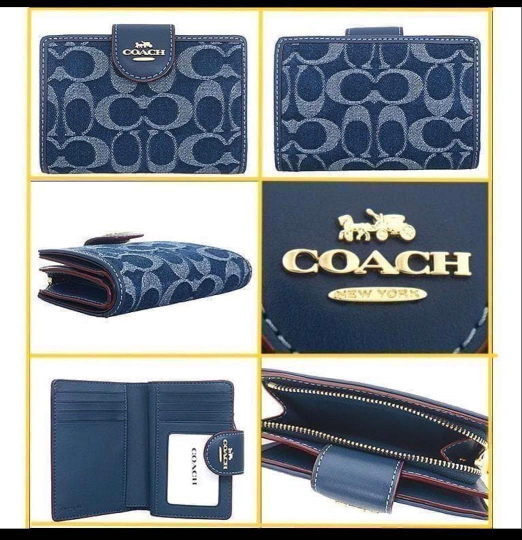 明日まで、コーチ COACH ミディアム コーナー ジップ シグネチャー デニム