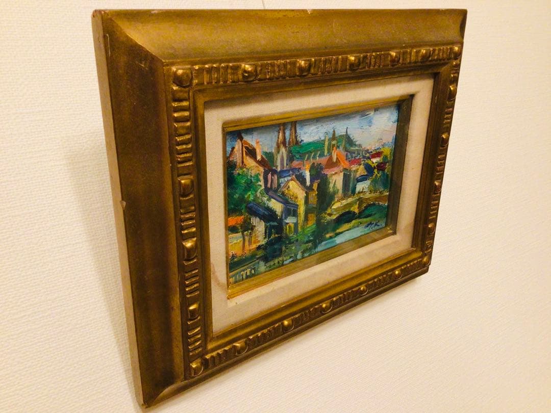 洋画家・小橋川嗣・1970s・五月のシャルトル風景 P0寸・精密油彩画・高級額装