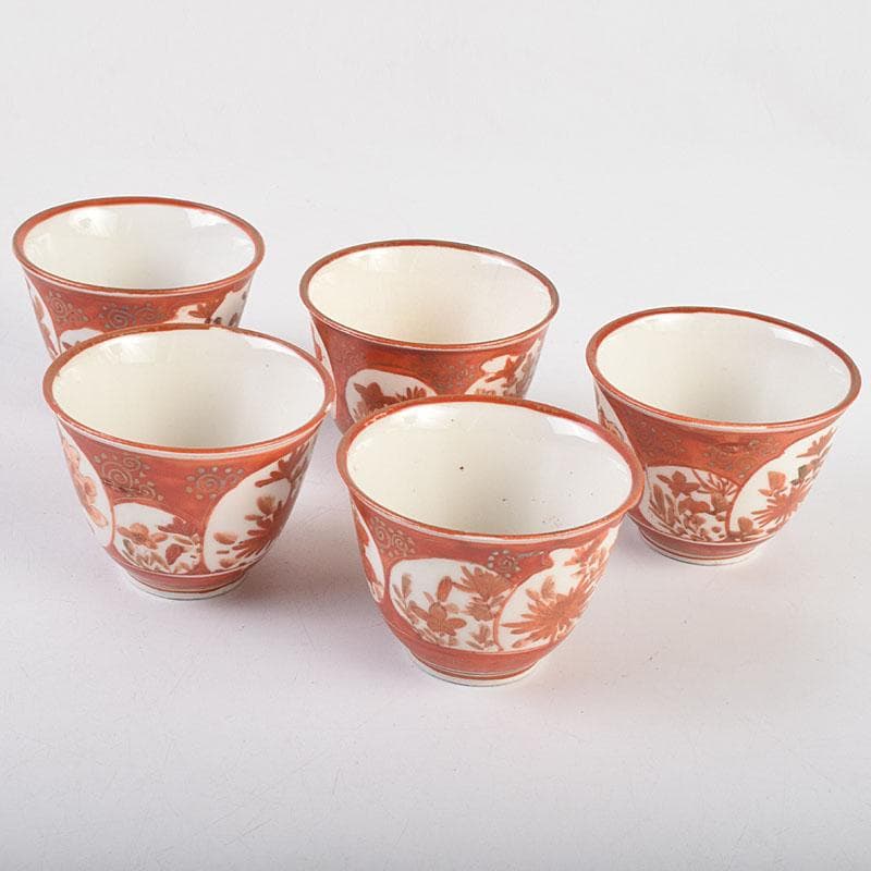 九谷焼　古九谷　赤絵金彩　花文　煎茶器　盃　五客　M　R9152