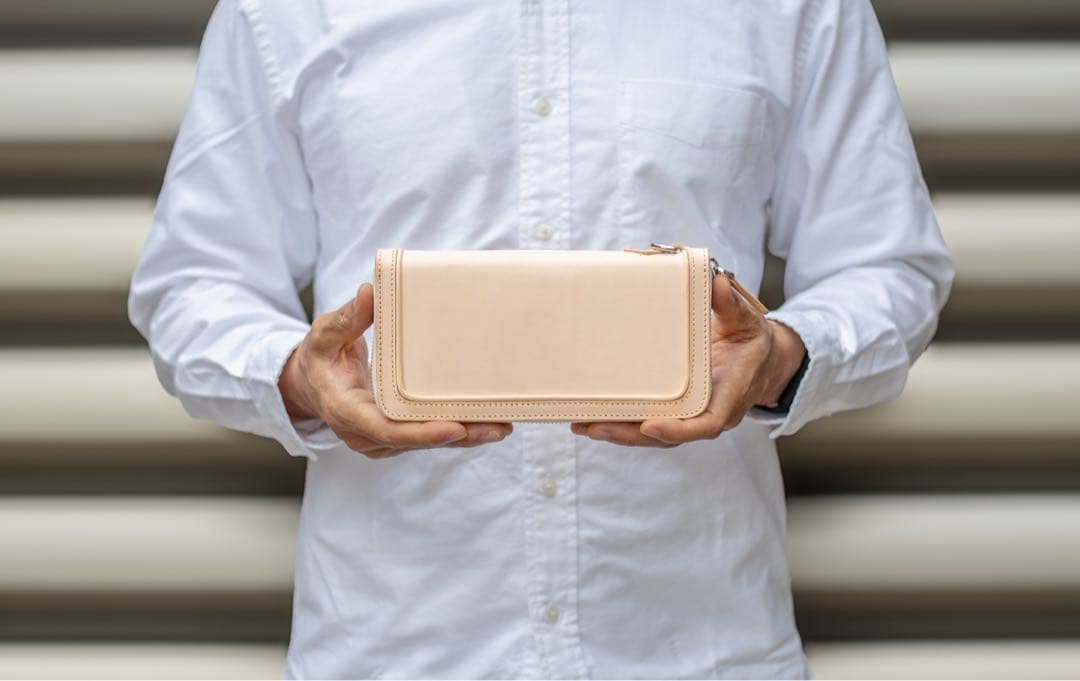 メンズ 本革 フルレザー 長財布 ラウンドファスナー 生成り ハンドメイド