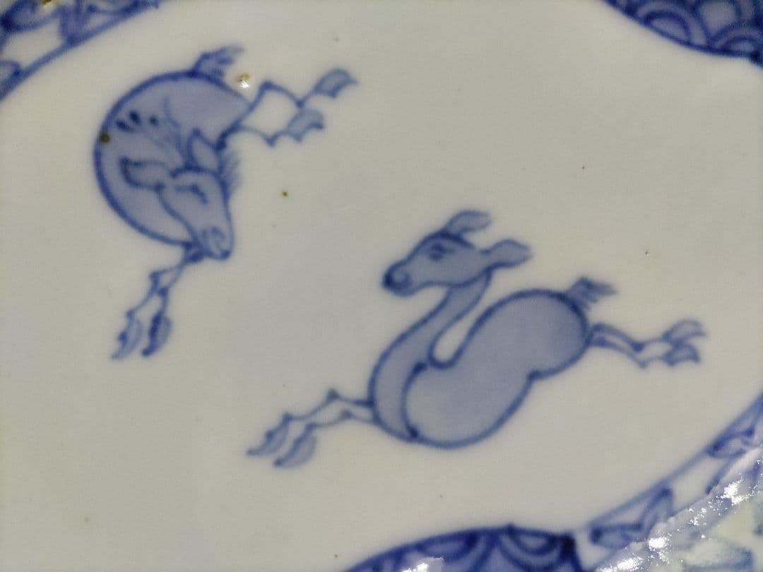 古伊万里 染付 鹿紅葉文 変形皿 江戸前期