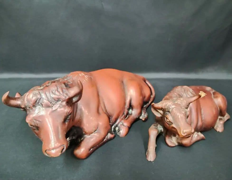 【重量9.6kg】銅製 臥牛 置物 在銘 親子 牛 縁起物 オブジェ 骨董
