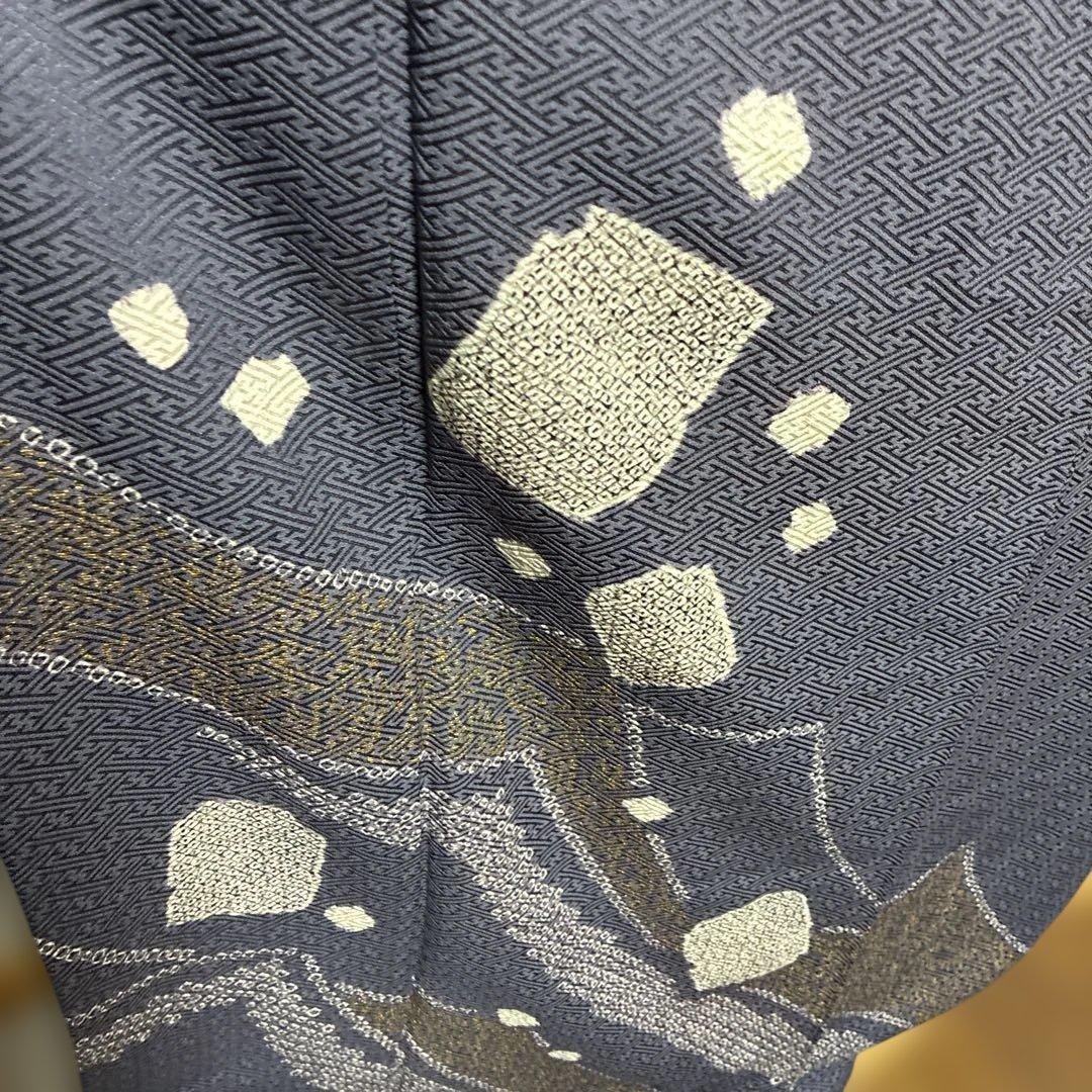 訪問着、高級、上品な柄に絞り、グレーネイビー 幾何学模様 地柄、新品、美品、正絹