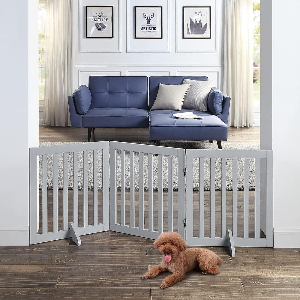 unipaws ペットゲート 置くだけ簡単 木製 折りたたみ式 伸縮可能 グレー