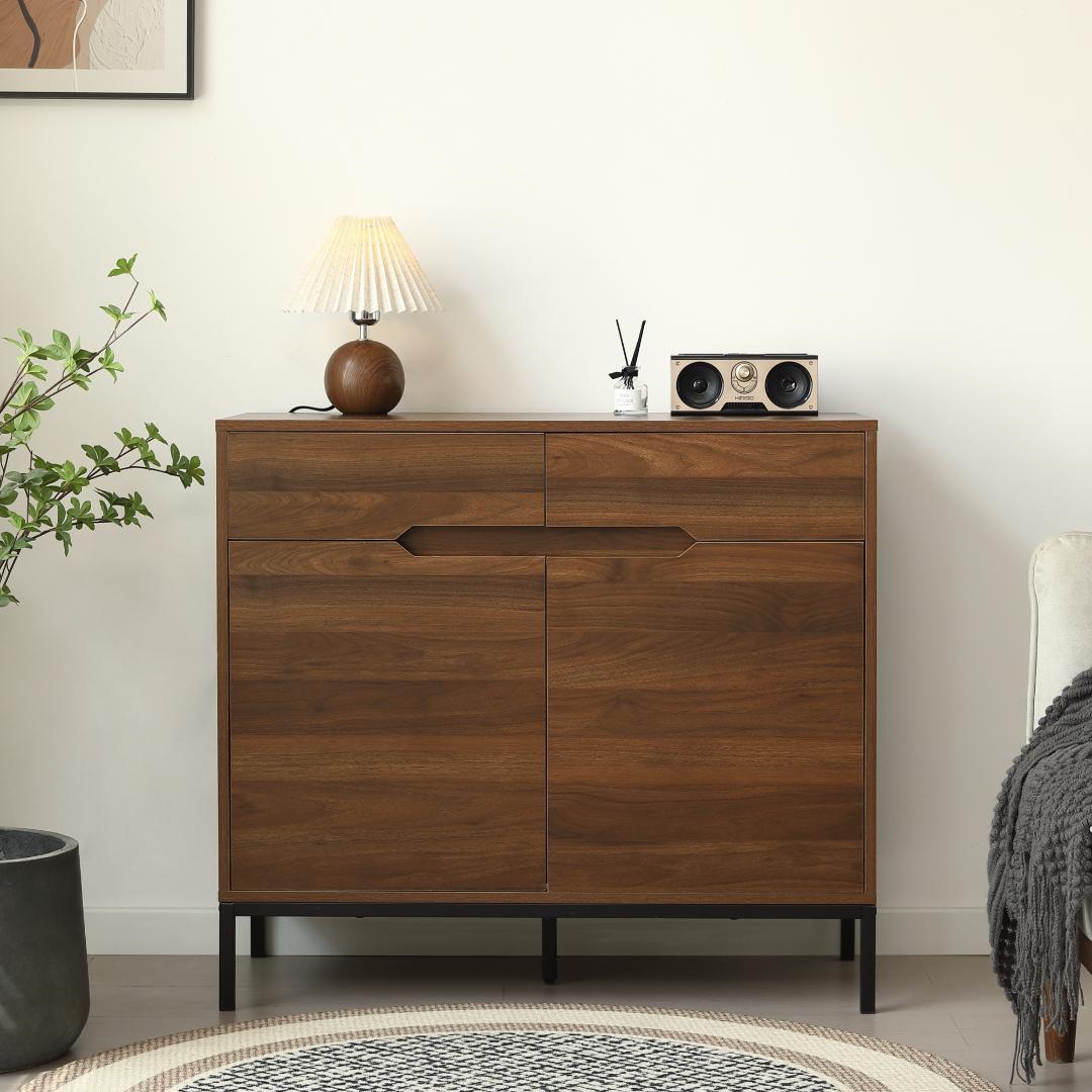 2セット！キャビネット 木製 脚付収納棚 サイドボード【幅90cm】BROWN