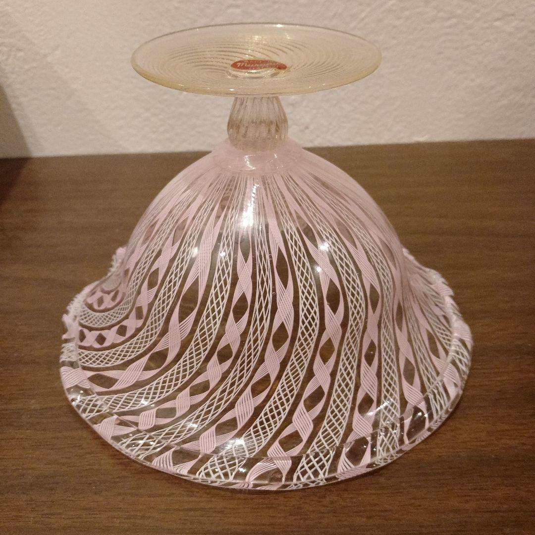 ベネチアンガラス　ムラノ　MURANO　コンポート　ピンク　レース　インテリア