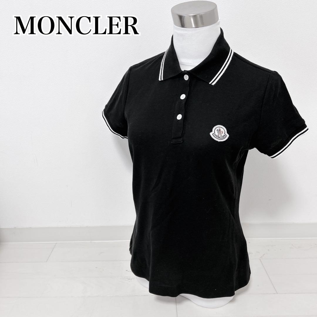 【美品】MONCLER ライン ポロシャツ ロゴ ワッペン 半袖 ブラック