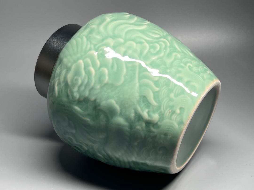 新品未使用　中国美術　茶筒　茶器　茶入れ　青磁　茶道具　龍鳳紋　置物