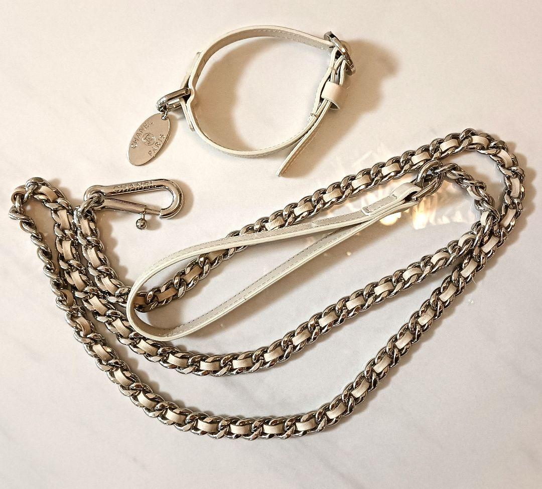極美品✨CHANEL レザー チェーン ドックリード 首輪　ホワイト