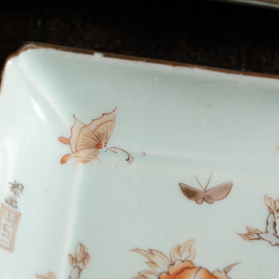 花と蝶々◆伊万里　花蝶文長方皿２客　刺身皿　芍薬　骨董・antiques 明治期