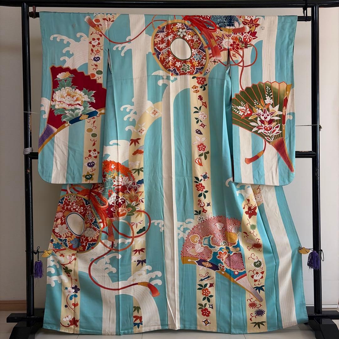 a*i様 ■E5787■アンティーク■正絹■水色　宝尽し柄　袷　小振袖■丈163