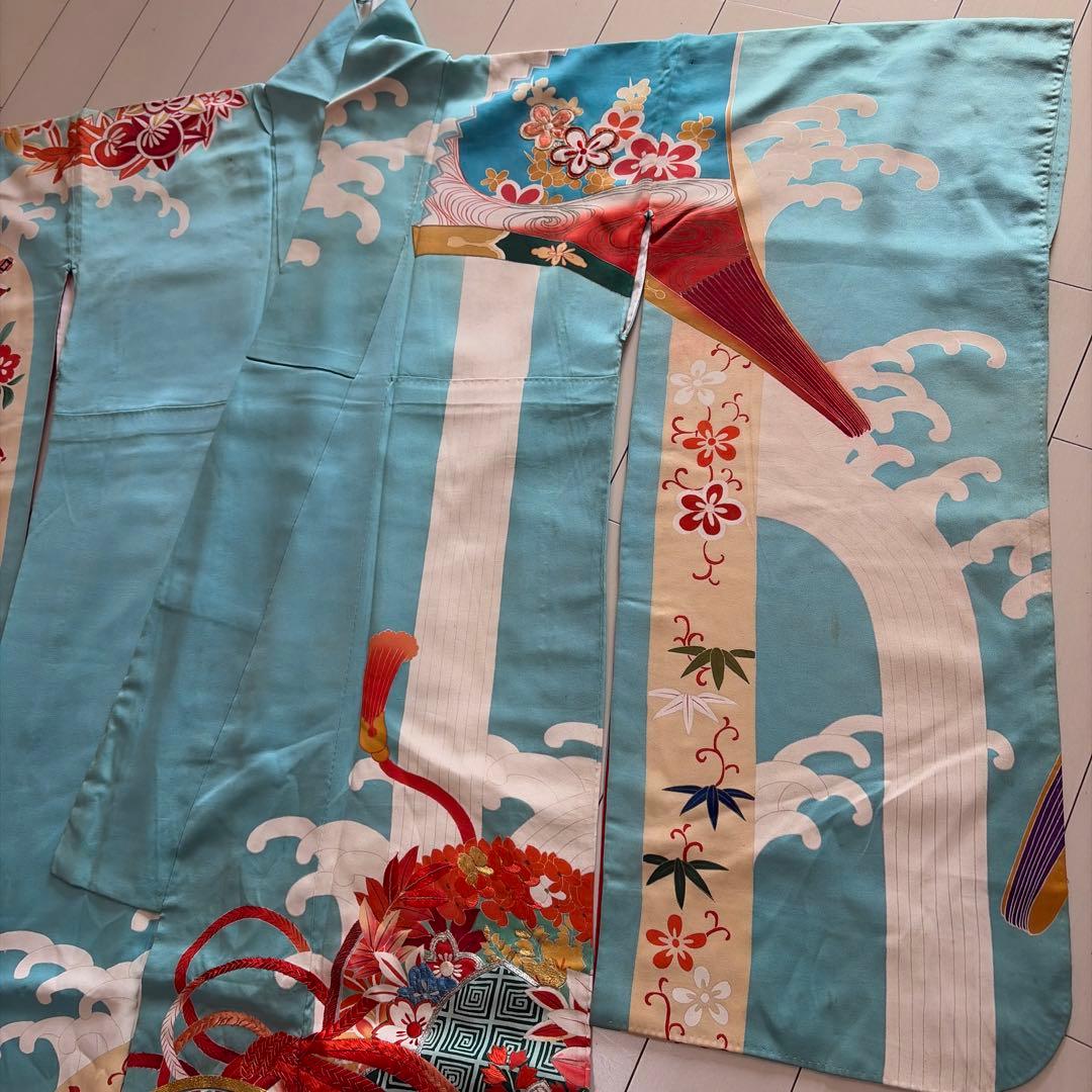 a*i様 ■E5787■アンティーク■正絹■水色　宝尽し柄　袷　小振袖■丈163