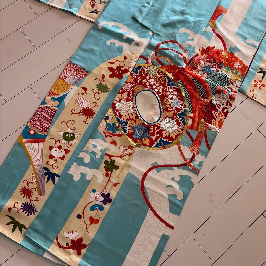 a*i様 ■E5787■アンティーク■正絹■水色　宝尽し柄　袷　小振袖■丈163