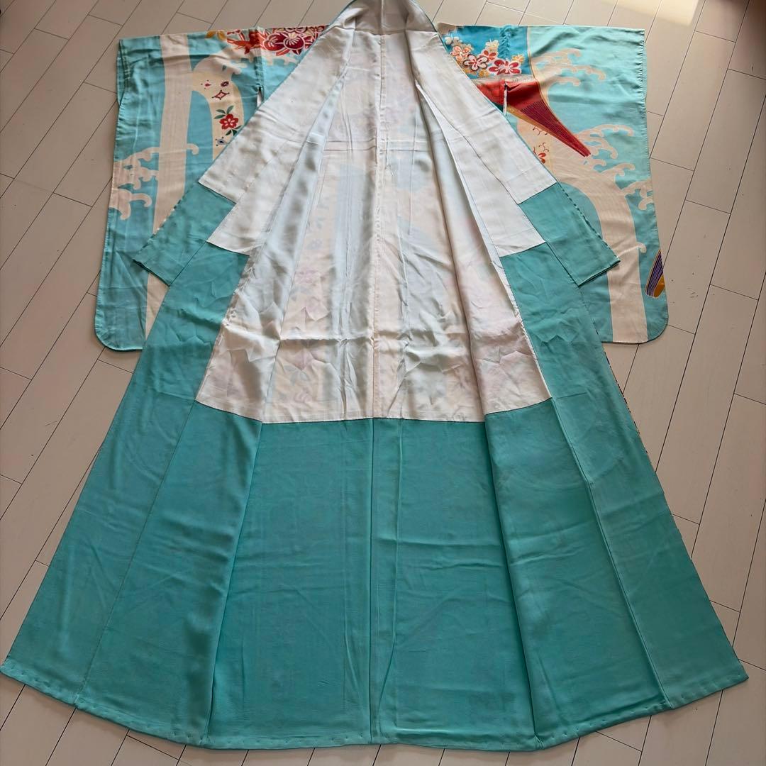 a*i様 ■E5787■アンティーク■正絹■水色　宝尽し柄　袷　小振袖■丈163