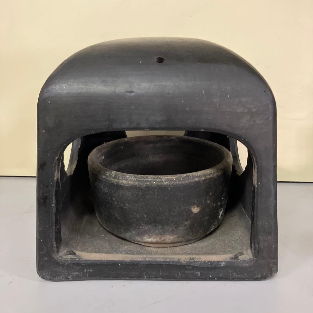 A-壁 昭和レトロ 古民具 古道具 時代物 猫火鉢 陶器製 黒 火鉢 火鉢