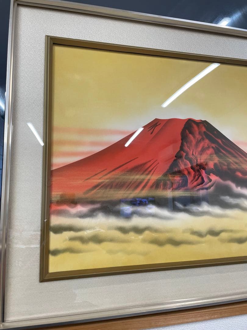 中島秀峰　秀峰 日本絵画 絵画　赤富士 富士山　スチール額装 風水インテリア