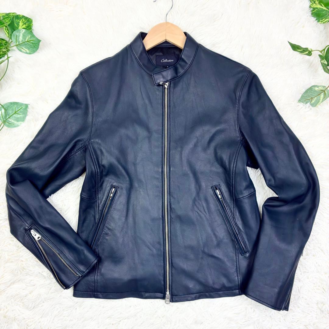 美品　メンズビギ　ラムレザー　シングルライダース　レザージャケット　M　ネイビー