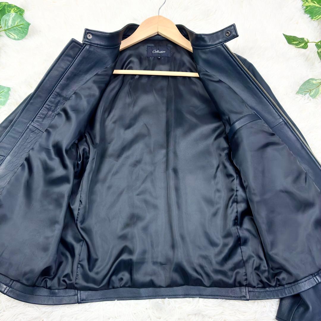 美品　メンズビギ　ラムレザー　シングルライダース　レザージャケット　M　ネイビー