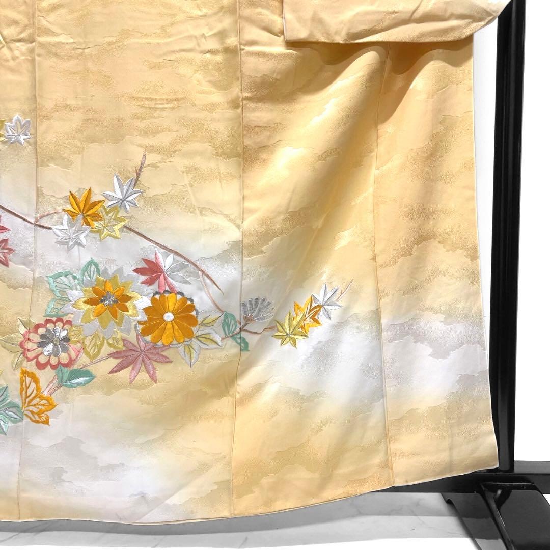 セミアンティーク　金駒刺繍　刺繍　牡丹　菊花　霞地紋　振袖　着物　094w p