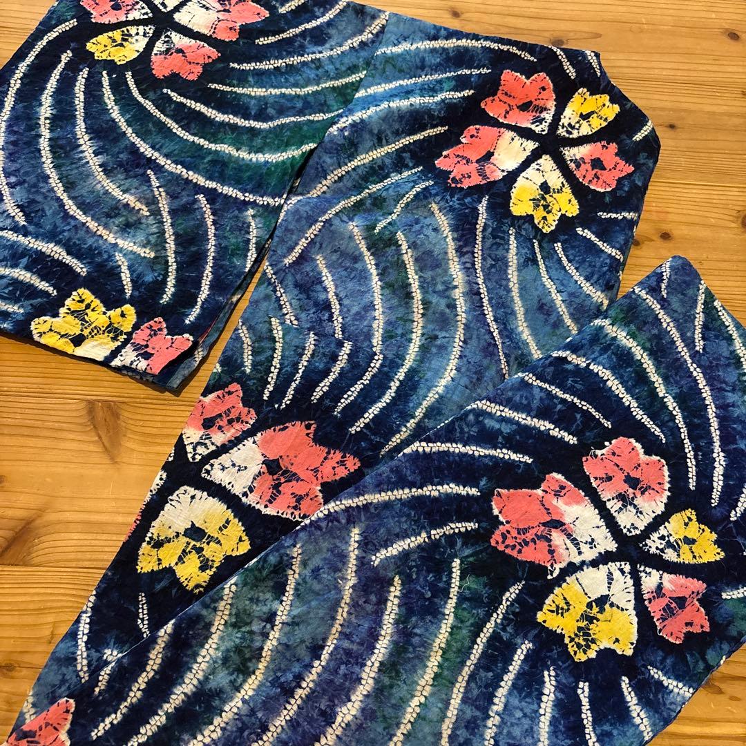有松鳴海絞り浴衣 稀少 撫子 手縫い 藍染 ヴィンテージ 絞り 浴衣