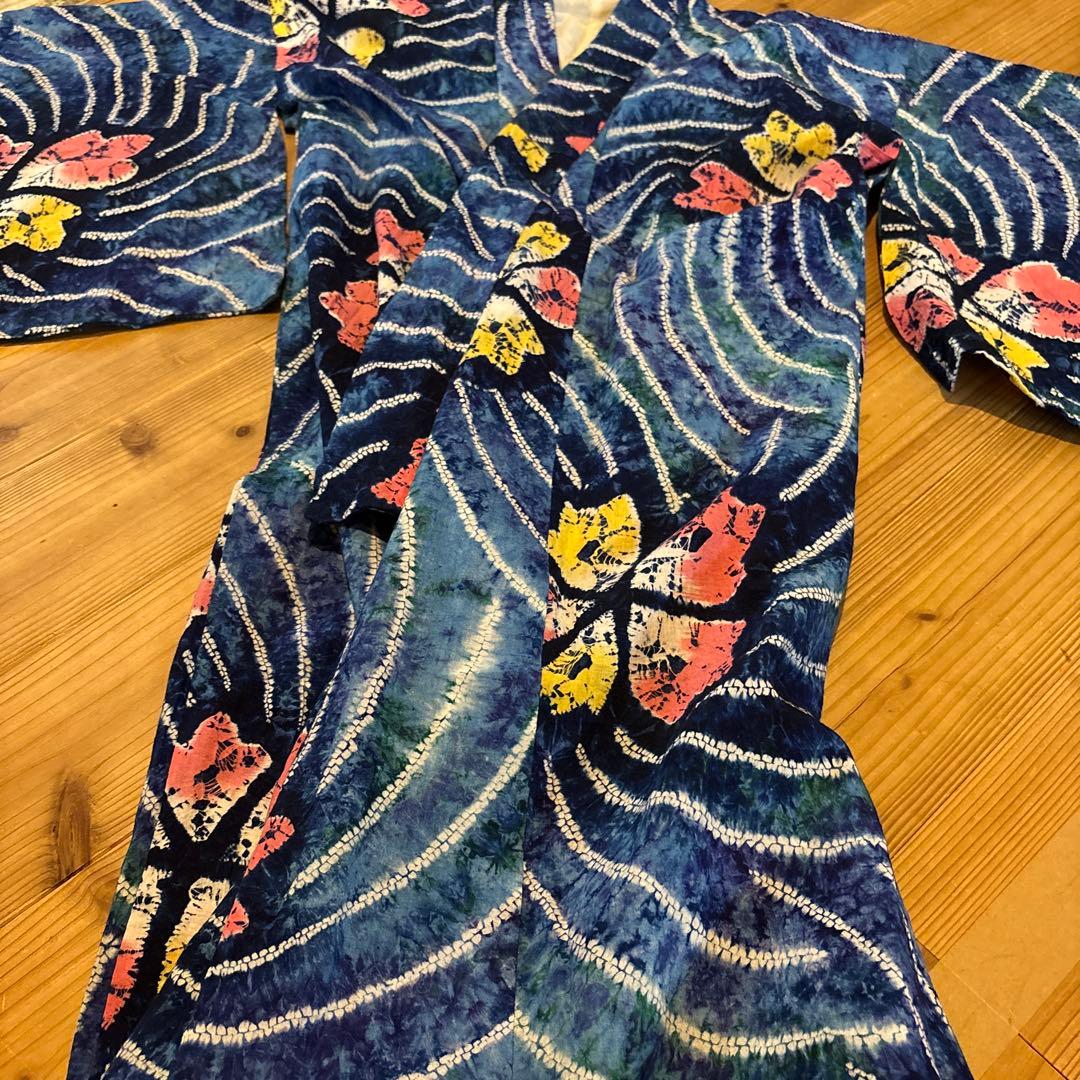 有松鳴海絞り浴衣 稀少 撫子 手縫い 藍染 ヴィンテージ 絞り 浴衣