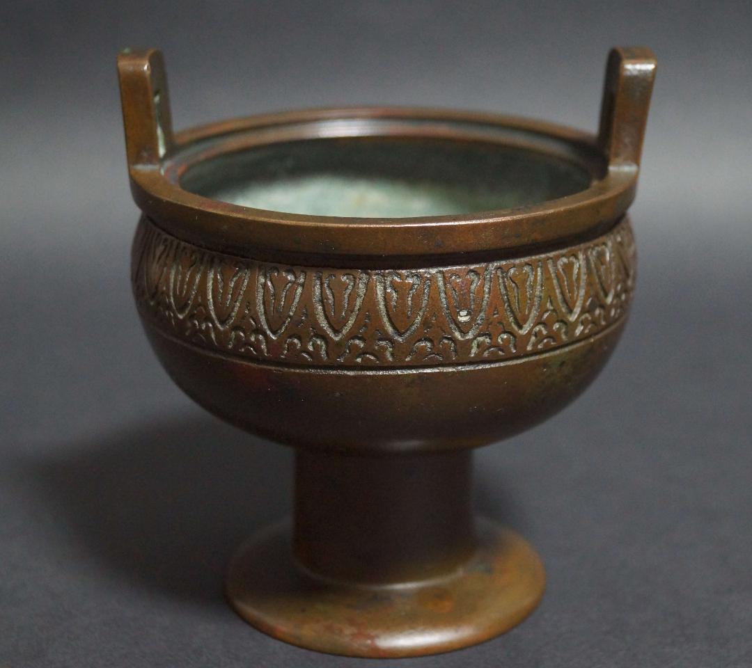 銅製 金寿堂造 斑紫銅 鼎式 香炉 唐木紫檀台座付 / 香道具