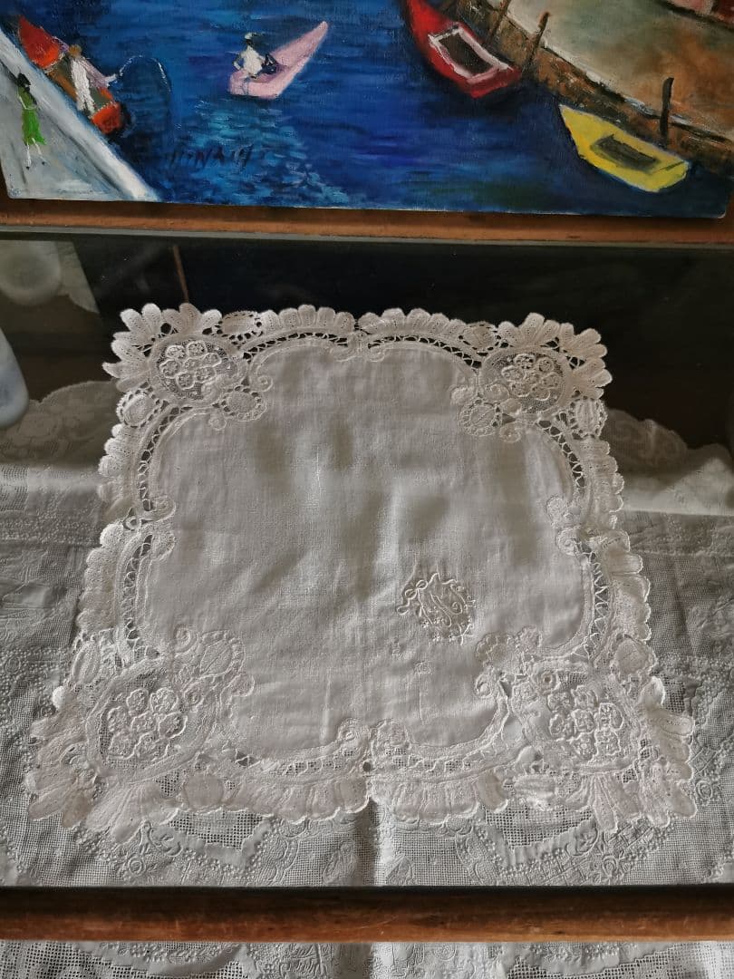アンティーク ポワンドガーズ ブリュッセルデュセスレースハンカチ イニシャル刺繍