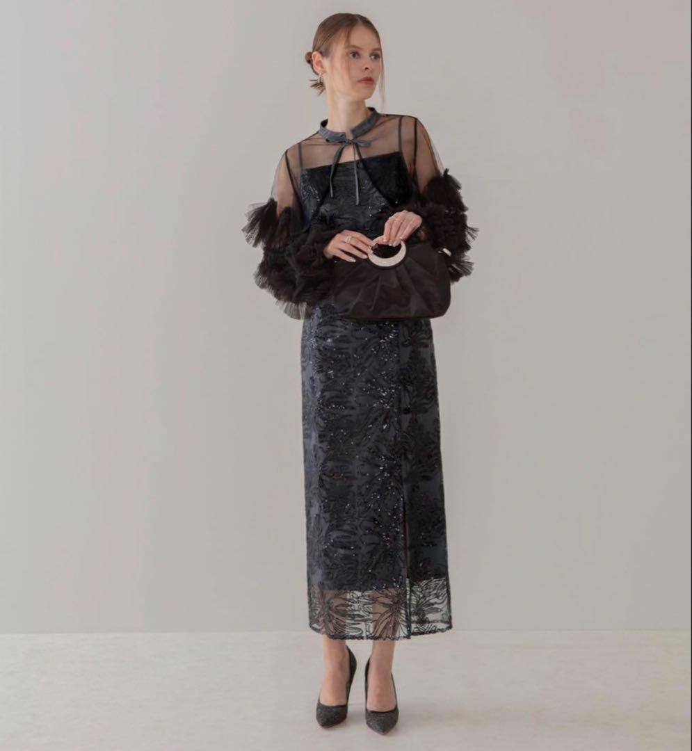 Leja フリルチュールスリーブリボンIラインワンピースドレス　ブルーブラック