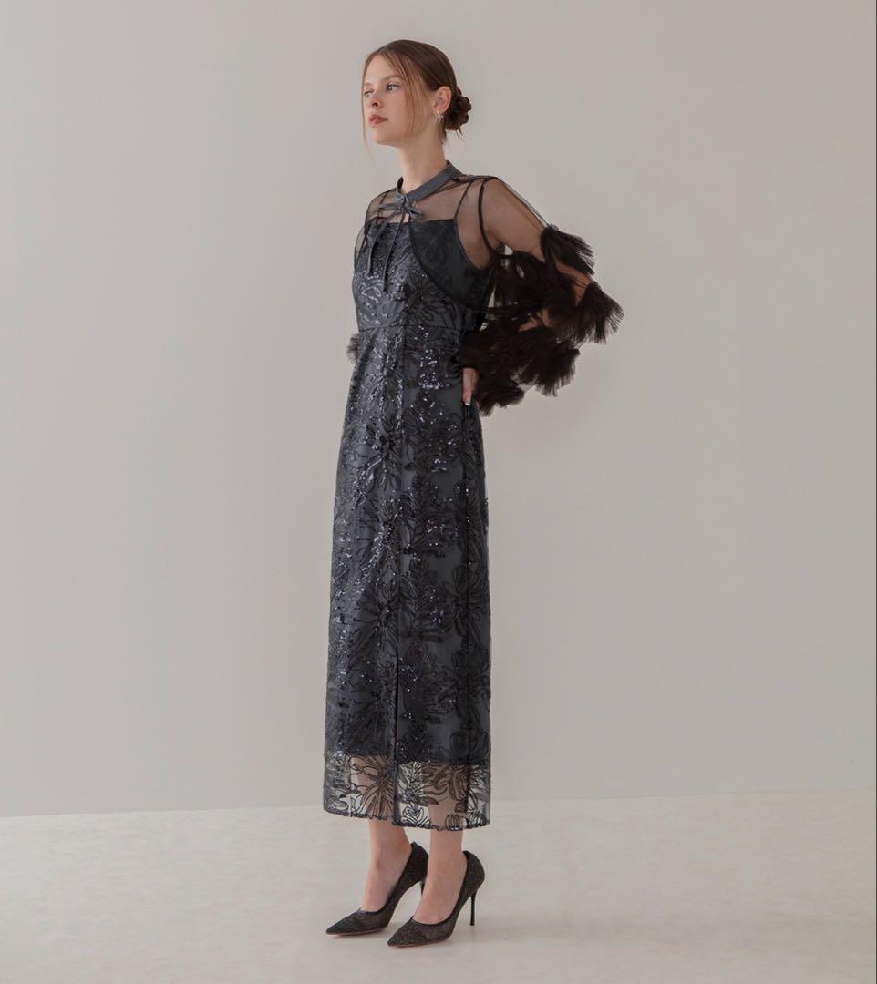 Leja フリルチュールスリーブリボンIラインワンピースドレス　ブルーブラック